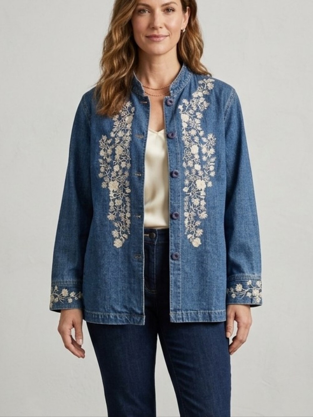 #255 Norm Thompson Blue Embroidered Denim Jacket